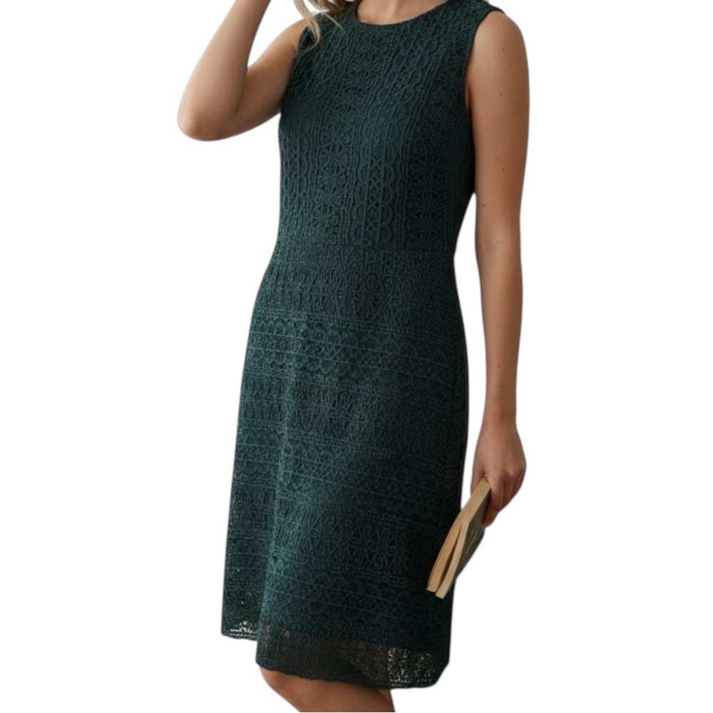 Ann Taylor Loft Holiday Christmas Green Crochet Lace Sleeveless Sheath Dress